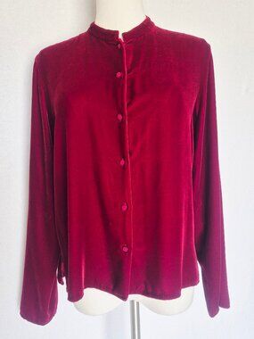 Vintage EILEEN FISHER Silk Blend Velvet Mandarin Collar Blouse Button Red